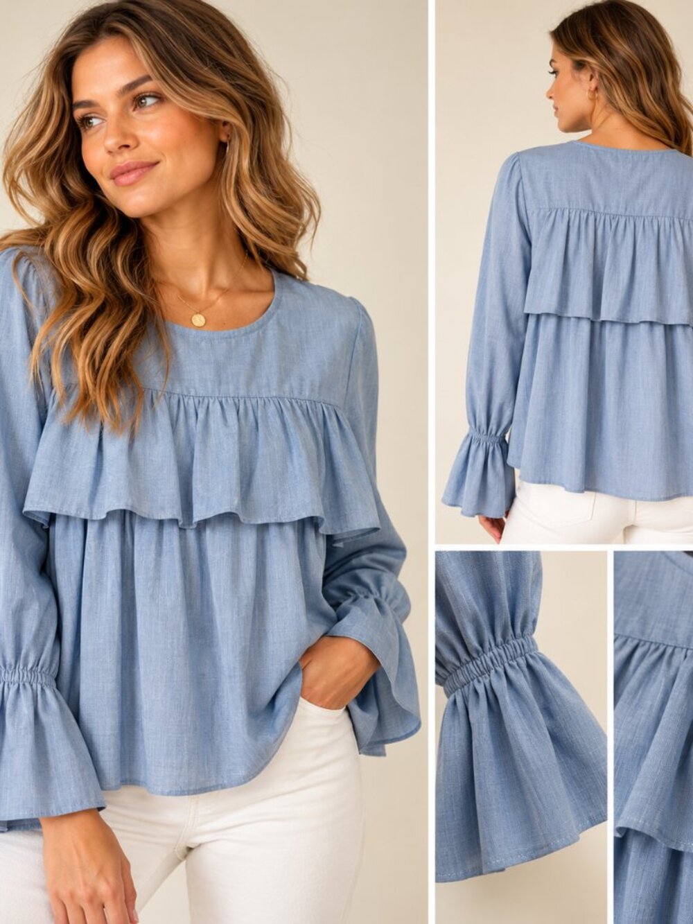Joie Adotte Chambray Blue Ruffle Blouse S Bell Sleeve Romantic Boho Top